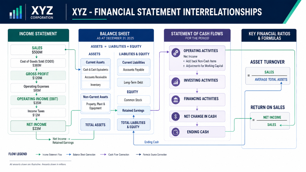 مخطط ترابط القوائم المالية والنسب الحاكمة - شركة XYZ Corporation