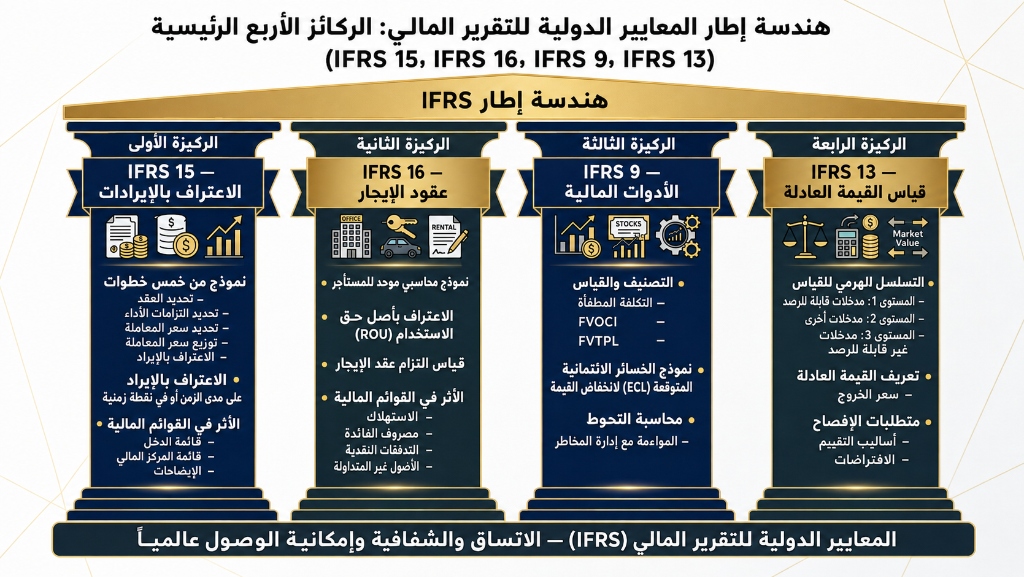 هندسة إطار المعايير الدولية للتقرير المالي: الركائز الأربع الرئيسية (IFRS 15, IFRS 16, IFRS 9, IFRS 13)