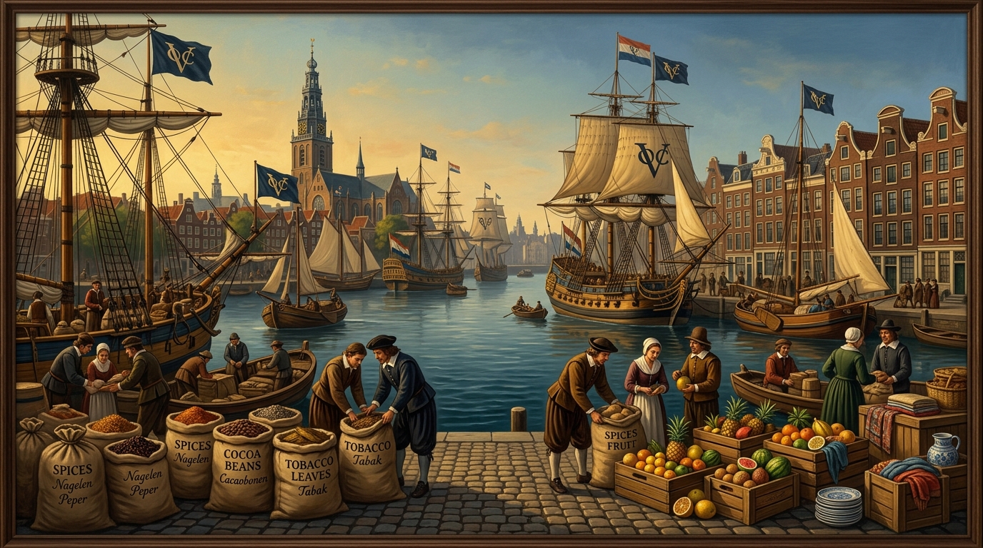 Historical Executive Illustration of the Dutch East India Company VOC Trade Fleet in Amsterdam